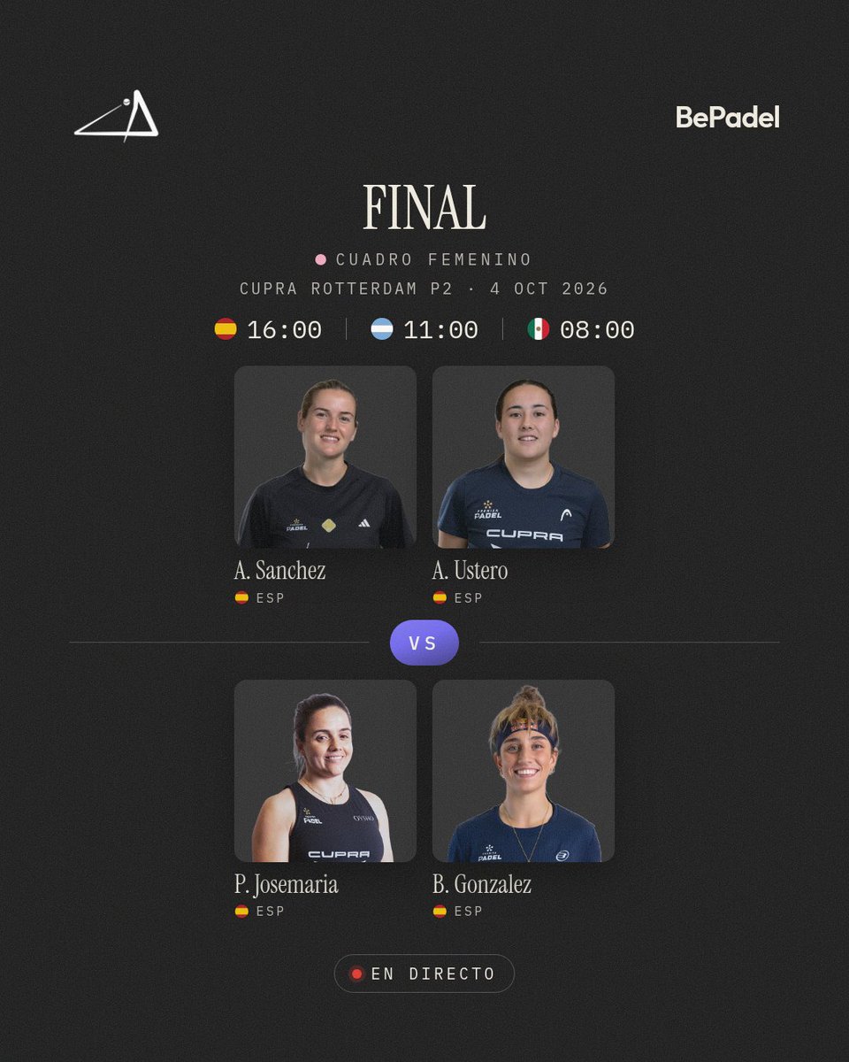 BePadelApp's tweet photo. Tapia y Coello abren la jornada

CUPRA ROTTERDAM P2
📅 Final · 2 partidos

Todo el torneo en directo en BePadel

#CupraRotterdamP2 #RotterdamP2 #PremierPadel #BePadel https://t.co/ycsi1j7b12
