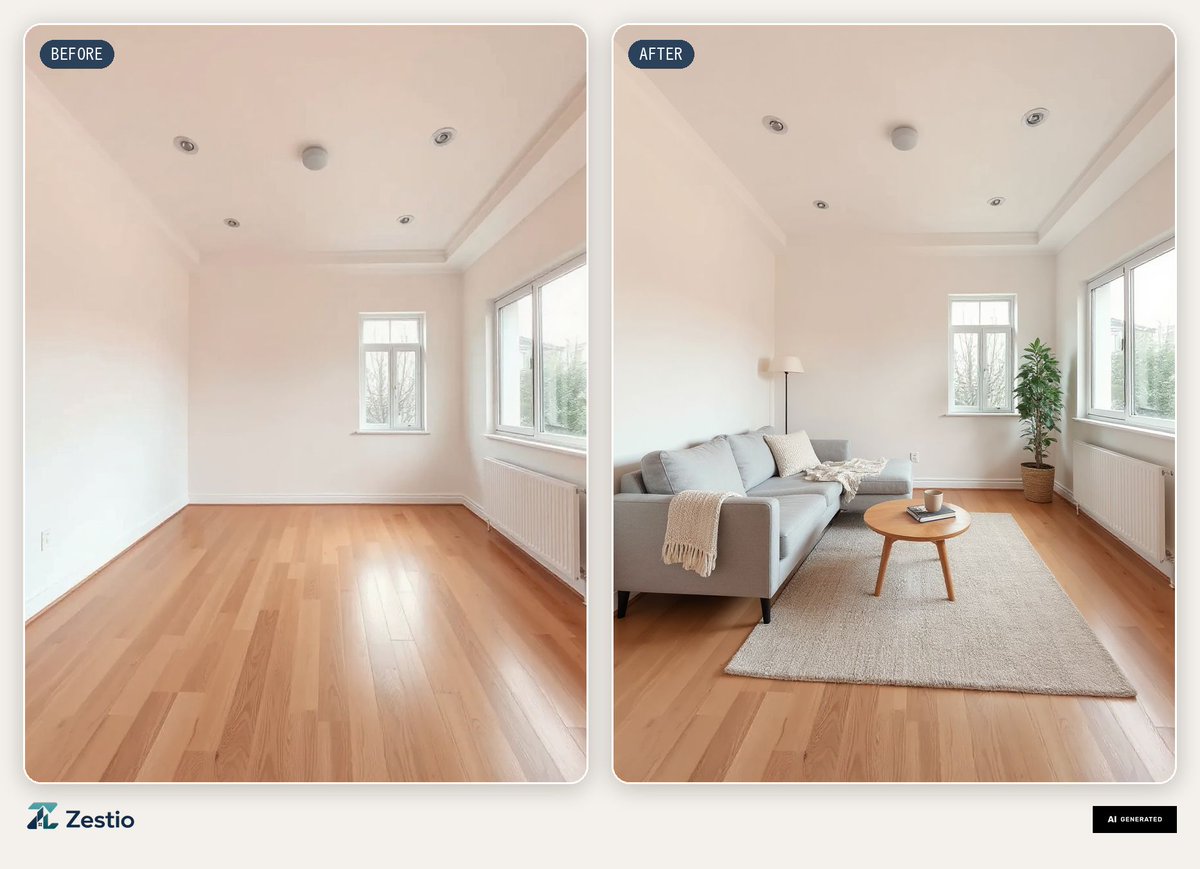 ZestioAI's tweet photo. this room is completely empty - and that is exactly why nobody clicks the listing.
> left: the photo every agent has to work with
> right: the same room, staged in minutes - no furniture, no photographer, no vacant day
what stops you from staging every listing?
#buildinpublic https://t.co/moB7ciSo2T