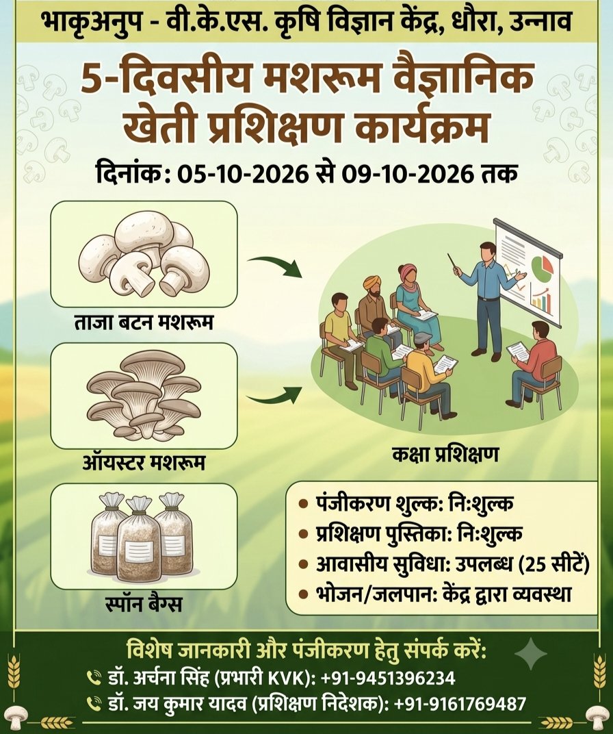 kvkunnao's tweet photo. 🍄 5-Day Scientific Mushroom Cultivation Training Program 🍄
Enhance your farming skills! 
📍 Venue: KVK  Unnao (U.P.)
✨ Best 25 participant 
✅ Rural Youth Age: 18-35 year
#MushroomFarming #KVKUnnao #ICAR #AgriTraining #SkillIndia #Unnao #AgriBusiness @IcarKanpur @icarindia https://t.co/OxXnoXANzG