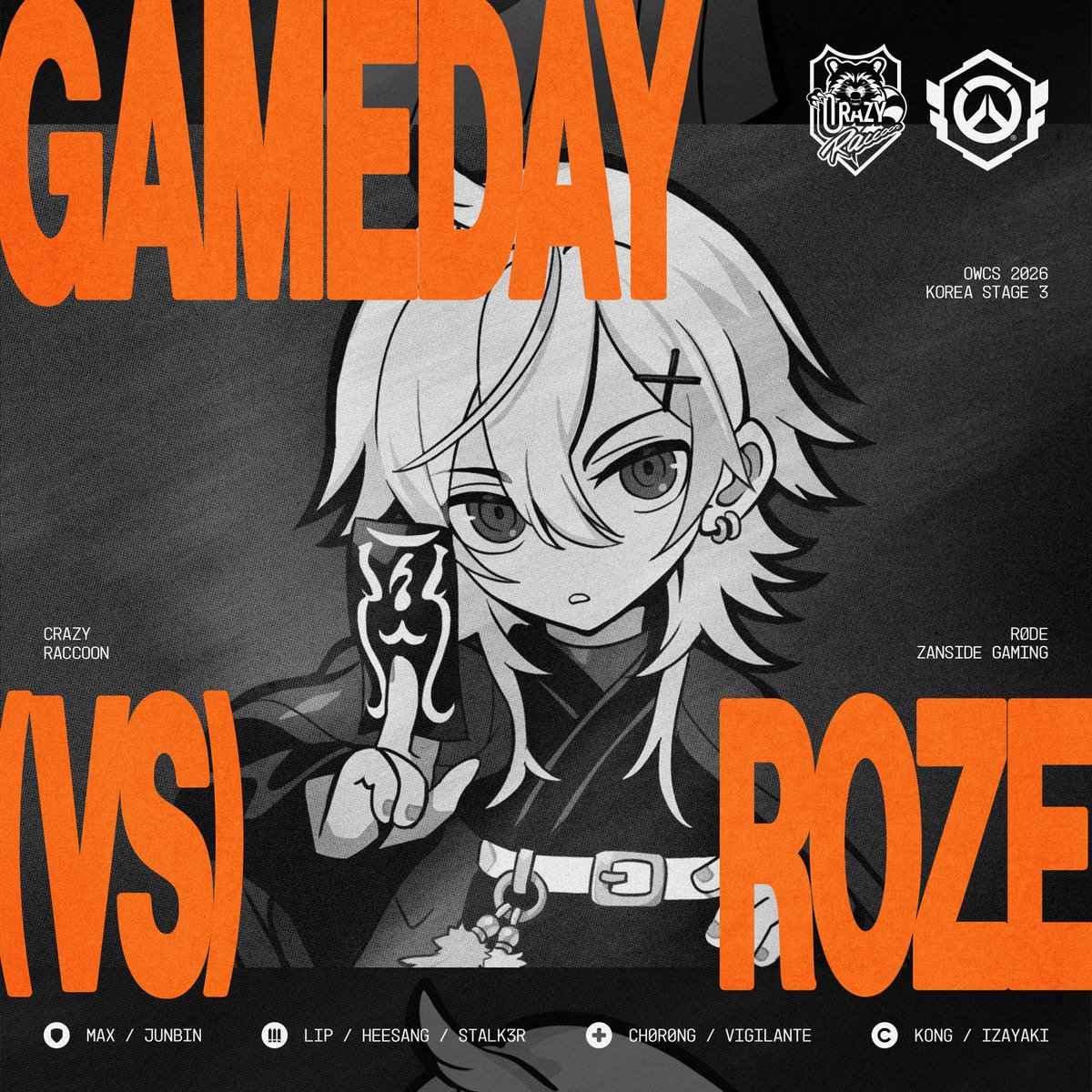 crazyraccoon406's tweet photo. 【2026 OWCS KOREA STAGE 3】
- WEEK 1 DAY 3

⚔️10/4(日) 17:00~

vs RØDE ZANSIDE GAMING

- MAX (@OW_MAX1)
- JunBin (@Junbin_ow)
- LIP (@socutelip)
- HeeSang (@Ow_HeeSang)
- Stalk3r(@Stalk3r_OW)
- CH0R0NG (@CH0R0NG_OW)
- Vigilante (@vi9ilante71)

- Kong (@OW_Kong)
- IZaYaKI (@Izayaki_ow)

🔴Youtube 
https://t.co/kjaiRACNUI
🟣Twitch
https://t.co/cHY16WHoe2

#CRWIN #Overwatch #OWCS