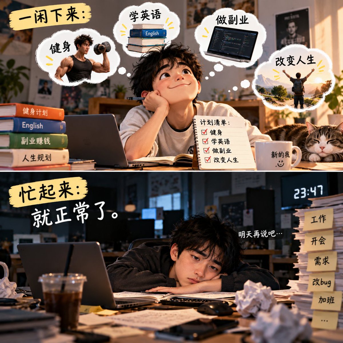CyberVendor's tweet photo. 我发现人真的不能太闲。  

一闲下来就想健身、学英语、做副业、改变人生。  

忙起来就正常了。 https://t.co/OeD4ILCXxW