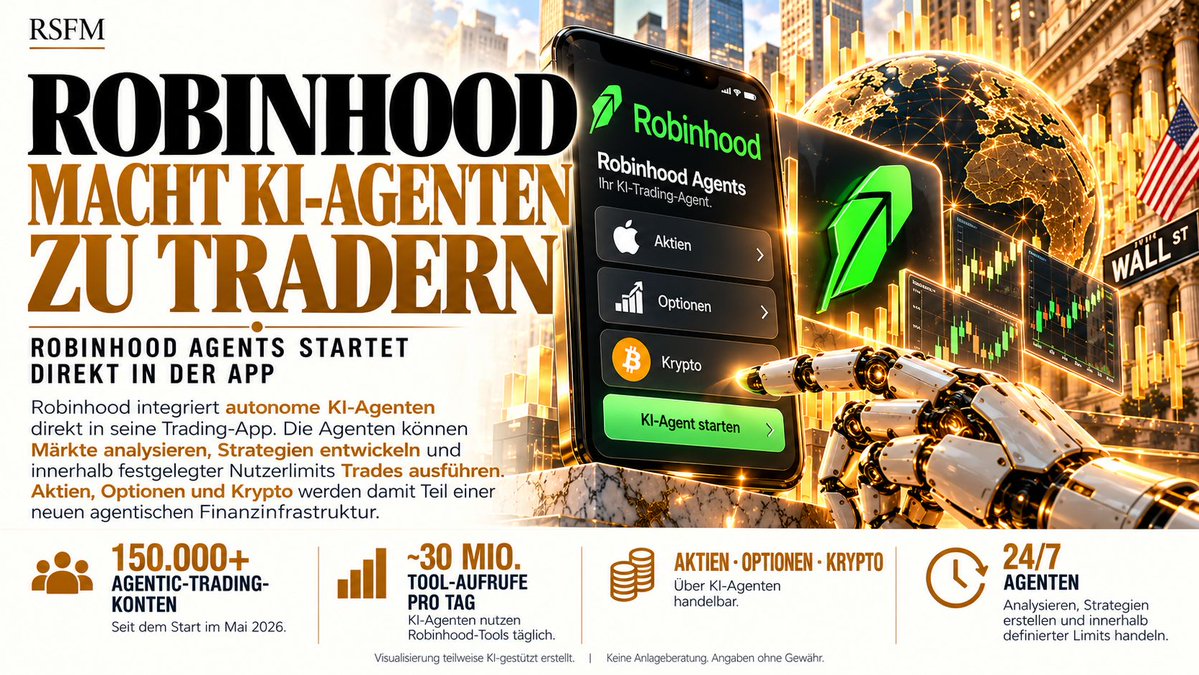 RSFM_Official's tweet photo. ◉ ROBINHOOD MACHT KI-AGENTEN ZU TRADERN

Die nächste Evolutionsstufe des Tradings hat begonnen.

Robinhood integriert KI-Agenten immer tiefer in seine Finanzinfrastruktur – und die Entwicklung geht deutlich über klassische Chatbots oder Marktanalysen hinaus.

Die Agenten können innerhalb festgelegter Nutzergrenzen:

→ Märkte analysieren
→ eigenständig Strategien entwickeln
→ Aktien handeln
→ Optionen handeln
→ Kryptowährungen handeln
→ rund um die Uhr auf Marktveränderungen reagieren

Und das ist längst kein kleines Experiment mehr.

Robinhood meldete zuletzt:

→ über 150.000 Agentic-Trading-Konten
→ fast 30 Mio. Tool-Aufrufe durch KI-Agenten pro Tag

Das Entscheidende daran:

Bisher nutzte der Mensch Software, um selbst Entscheidungen zu treffen und anschließend Trades auszuführen.

Jetzt entsteht eine neue Ebene.

Der Mensch definiert Kapital, Regeln und Grenzen – der KI-Agent übernimmt zunehmend Analyse, Strategie und Ausführung.

Damit könnte sich auch die Rolle eines Brokers fundamental verändern.

Broker stellen künftig möglicherweise nicht mehr nur die Infrastruktur für Millionen menschliche Trader bereit.

Sie könnten zur Infrastruktur für Millionen autonom arbeitende KI-Agenten werden.

Und genau hier wird es für uns besonders interessant:

Wenn KI-Agenten künftig rund um die Uhr Aktien, Optionen, Kryptowährungen und andere Finanzprodukte analysieren und handeln, entsteht eine völlig neue Nachfrage nach:

→ Echtzeit-Marktdaten
→ Brokerage-Infrastruktur
→ APIs
→ Zahlungsinfrastruktur
→ digitalen Identitäten
→ Stablecoins und Blockchain-Infrastruktur
→ automatisiertem Risiko- und Compliance-Management

Robinhood positioniert sich damit nicht einfach nur als Broker mit KI-Funktionen.

Das Unternehmen baut an einer Finanzplattform, auf der künftig Mensch und KI-Agent gemeinsam Kapital verwalten können.

Die große Frage ist deshalb nicht mehr, ob KI im Trading eingesetzt wird.

Sondern wie groß der Markt wird, wenn autonome Agenten selbst zu aktiven Teilnehmern der Finanzmärkte werden.

Das könnte eine der spannendsten Veränderungen der kommenden Jahre werden.

#Robinhood #AI #Fintech