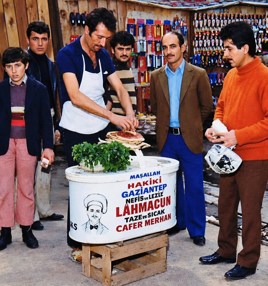 umuttgunerr's tweet photo. Bu fotoğraf, 1972 yılında İstanbul'un Eminönü semtinde çekilmiş, "Cafer Merhan" adındaki ünlü bir seyyar lahmacun satıcısını ve onun etrafındaki müşteriler. https://t.co/4FffLf6foK