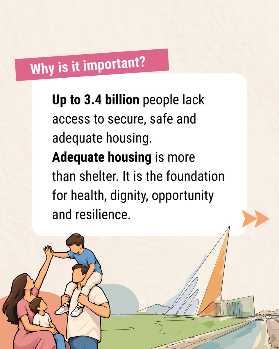UNHABITAT's tweet photo. Up to 3.4B people lack adequate housing, while 1.1B live in informal settlements and slums.

This #WorldHabitatDay will highlight the urgent action needed to make Adequate Housing for All a reality.

📽️Tune in: https://t.co/BsstxoJYZq https://t.co/Cc944HPhAQ