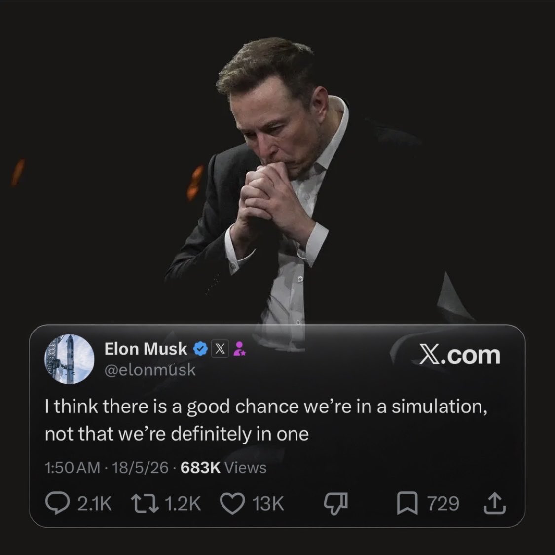 cb_doge's tweet photo. “I think there is a good chance we’re in a simulation, not that we’re definitely in one.”

— Elon Musk https://t.co/ch3a27niQY