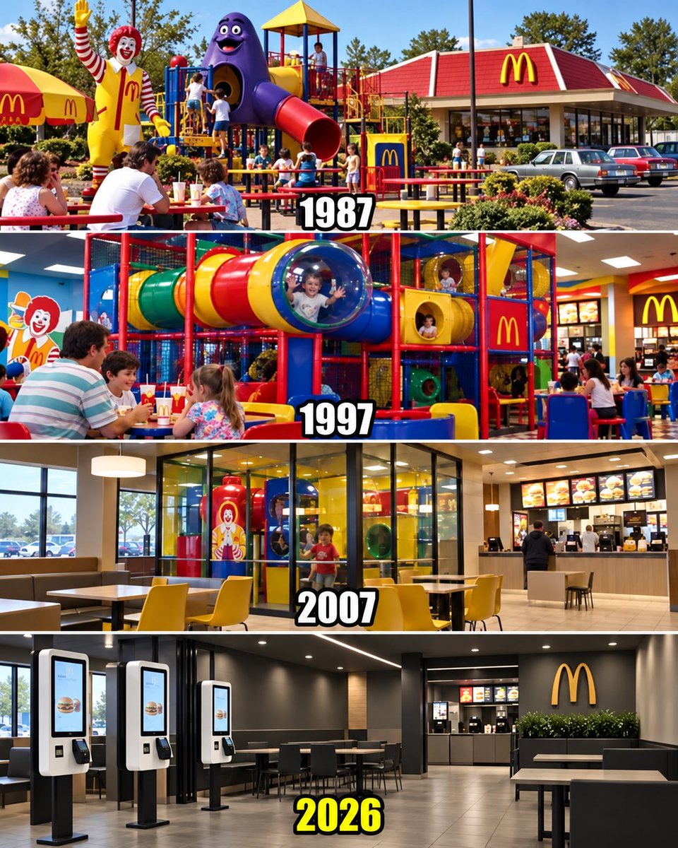randeepskloset's tweet photo. [#Designthinking] McDonald’s is conducting deep research trying to figure out why families stopped coming. But looking at their progress in experience over years… I wonder if they could have saved that money.

1987: Playground.
1997: Bigger playground.
2007: Playground behind glass.
2026: Self-ordering kiosks… and AI.
Maybe the problem was never the tech but the experience.
#McDonalds #AI #CustomerExperience #Retail #DigitalTransformation #Automation #BrandStrategy #CX