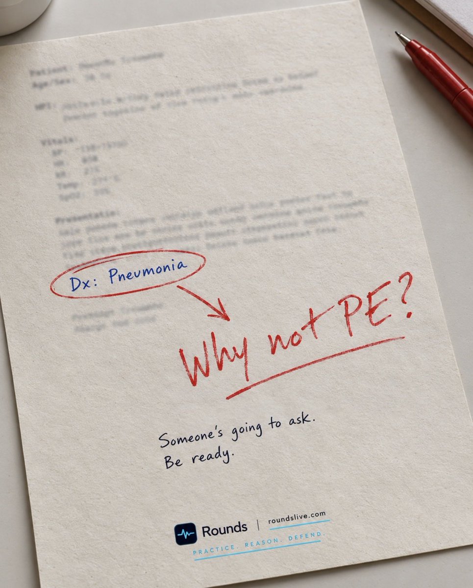 prosperojonimi's tweet photo. You said pneumonia. They said “why not PE?”

And now you’re standing there with nothing.

I’m a med student and I built Rounds so that doesn’t happen. It argues with your reasoning before a consultant does.

https://t.co/QGB0xBAI5o https://t.co/Xuht44cXNi