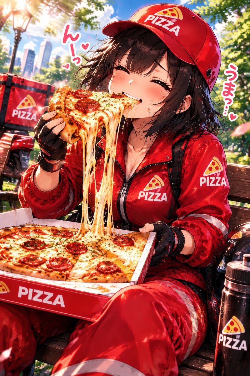 kuruminpotako's tweet photo. #思いつきピザパ
#ゆずイベ

ゆずさん、こんにちは🍕
先日、たまたまピザ配達員にうちの『ももぱん』がなりまして🍕
その延長で、公園で1人でとんでもないピザパーティーをしちゃいましたあ🍕
とんでもなく美味そうなピザでっす💕
チーズがとんでもなくトロトロなのがとんでもなくオリジナルなポイントでっす💕

#AIイラストㅤㅤ