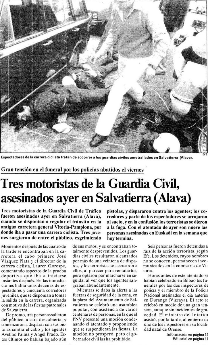 CarlosDeUrrecha's tweet photo. In Memoriam
Caídos por Dios y por España,
¡¡Presentes!!
D.E.P
La Muerte no es el Final
Siempre en Nuestra Memoria
¡¡Viva España!!
¡¡Arriba España!!

4/10/1980 ETA asesinaba al GC D Avelino Palma Brioa, Cabo 1°GC D José Luis Vázquez Platas y GC D Ángel Prado Mella en Salvatierra
https://t.co/P6TtiHyFPZ