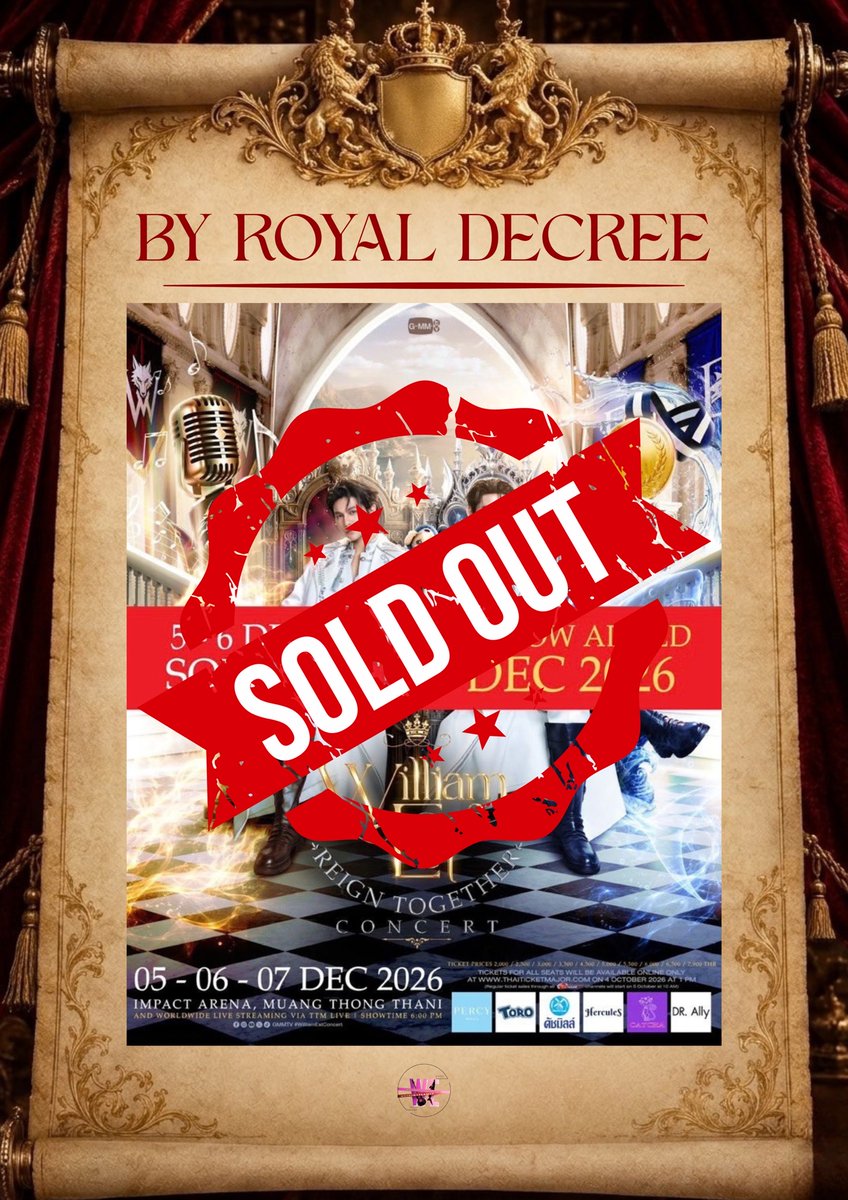 WETrendTeamTH's tweet photo. 👑WILLIAMEST CONCERT 3RD SOLD OUT IN AN HOUR👑

#WilliamEstConcert 
#YouManiacSeriesEP6 
@Williamjkp1 @EstRvp @GMMTV 

📢ประกาศต่อหน้าทั้งหมู่บ้านเลยนะ!📢
ได้ยินกันมั้ย Westies บัตรรอบที่ 3 ของ WILLIAM EST REIGN TOGETHER CONCERT วันจันทร์ที่ 7 ธันวาคม 2569 ที่อิมแพ็ค อารีน่า ก็หมดแล้วเหมือนกัน!

สามวัน ฮอลล์เต็มสามรอบ กษัตริย์องค์ใหม่ไม่ได้เดินมาเองนะ พวกเรานี่แหละที่อุ้มขึ้นบัลลังก์ สองปีที่เชียร์ไม่หยุด วันนี้ทั้งอาณาจักรรู้แล้วว่าวิลเลี่ยมกับเอสมาถึงจริง ๆ

ใครได้บัตร เตรียมตัวเข้าพิธี ใครพลาด ยังภูมิใจได้เต็มที่ เพราะนี่คือหมู่บ้านของเรา 🔥🏆