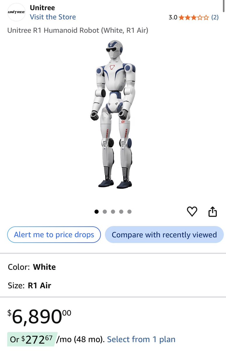 PlanitiaCorp's tweet photo. It’s nothing like @Tesla_Optimus (which will be mind blowing), but you can buy lame humanoids for ~$30k on @amazon. 

For a time you could buy more @UnitreeRobotics models, but that’s mostly stopped, except for this mediocre ~$7000 model. 

Optimus on Amazon will be wild. https://t.co/zC0Hwnc8i2