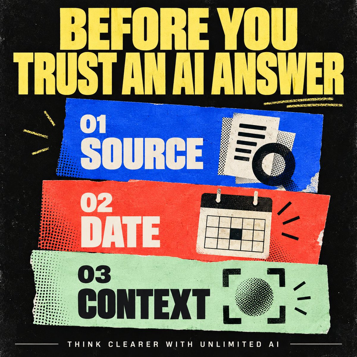 FreeAIPlatform_'s tweet photo. AI can sound confident and still miss something. Before using an answer: open the source, check the date, and make sure the context matches your question. A 30-second review can save rework. Explore AI tools at https://t.co/rXkc1Kd7o0. #AITips #AILiteracy #UnlimitedAI https://t.co/6sVvGOLfa7