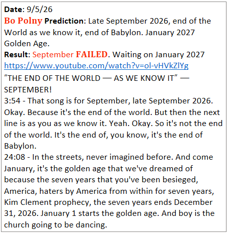 BoPolnyResults's tweet photo. Date: 9/5/26
𝐁𝐨 𝐏𝐨𝐥𝐧𝐲 Prediction: Late September 2026, end of the World as we know it, end of Babylon. January 2027 Golden Age
Result: September 𝐅𝐀𝐈𝐋𝐄𝐃. Waiting on Jan 2027
https://t.co/K8ilSCDbf2
THE END OF THE WORLD — AS WE KNOW IT —SEPTEMBER
3:54 - end of Babylon https://t.co/vXkCusq6Cq
