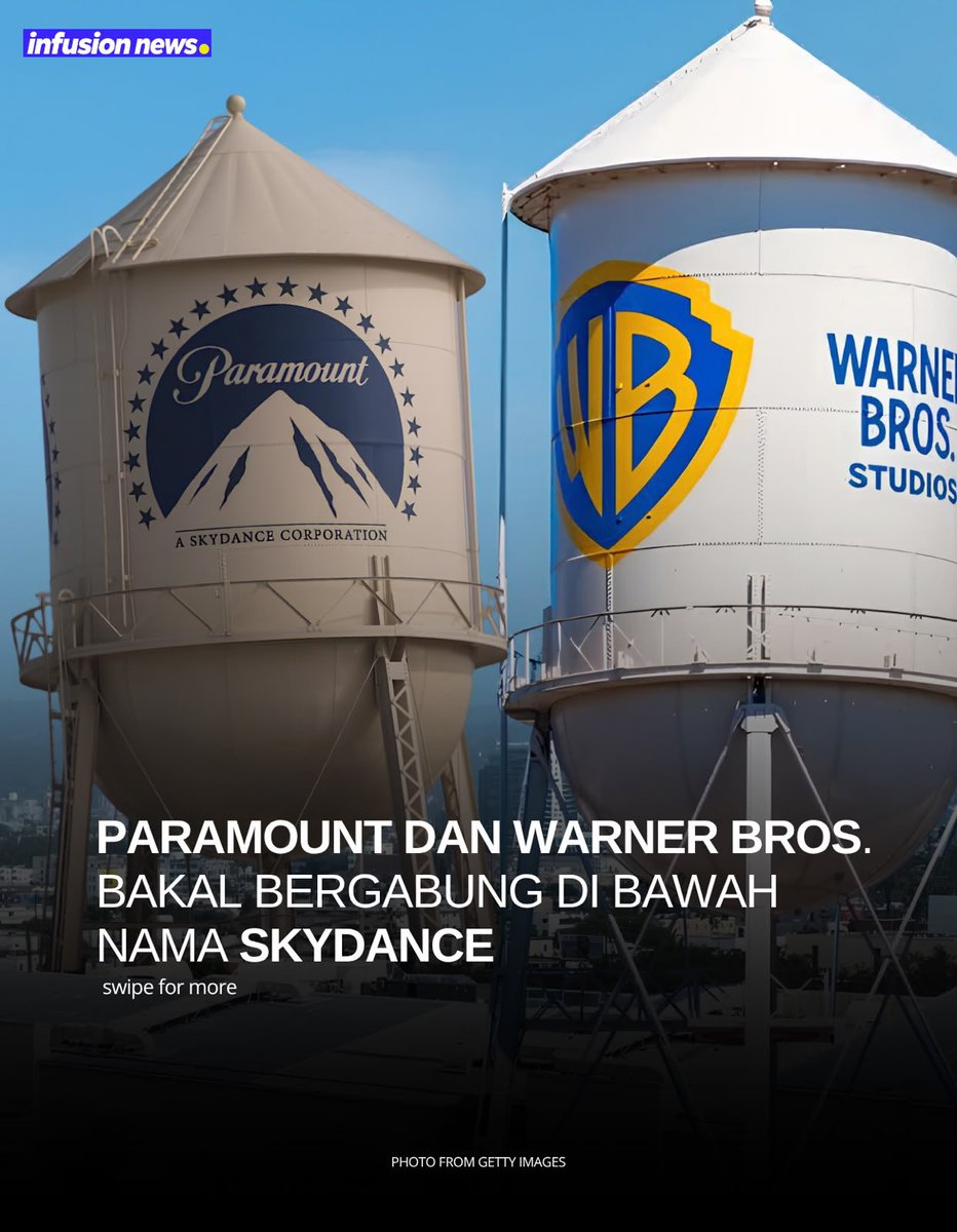 Infusionet's tweet photo. Paramount dan Warner Bros. memasuki babak baru di Hollywood. Keduanya dijadwalkan resmi bergabung dalam merger senilai sekitar US$110 miliar pada 6 Oktober 2026. #InfusionNews https://t.co/DTHMbrEY6z