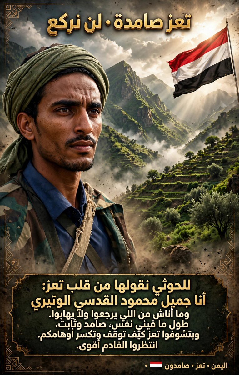 JamilAlWat8y's tweet photo. للحوثي نقولها من قلب تعز:
أنا جميل محمود القدسي الوتيري، وما أناش من اللي يرجعوا ولا يهابوا. 🇾🇪🔥
طول ما فيني نَفَس، هسحقكم ،
وبتشوفوا تعز كيف توقف لكم وتكسر أوهامكم.
انتظروا المفاجأة اللي جاي أقوى مما تتوقعوا! 🇾🇪 https://t.co/RYiWYymAym