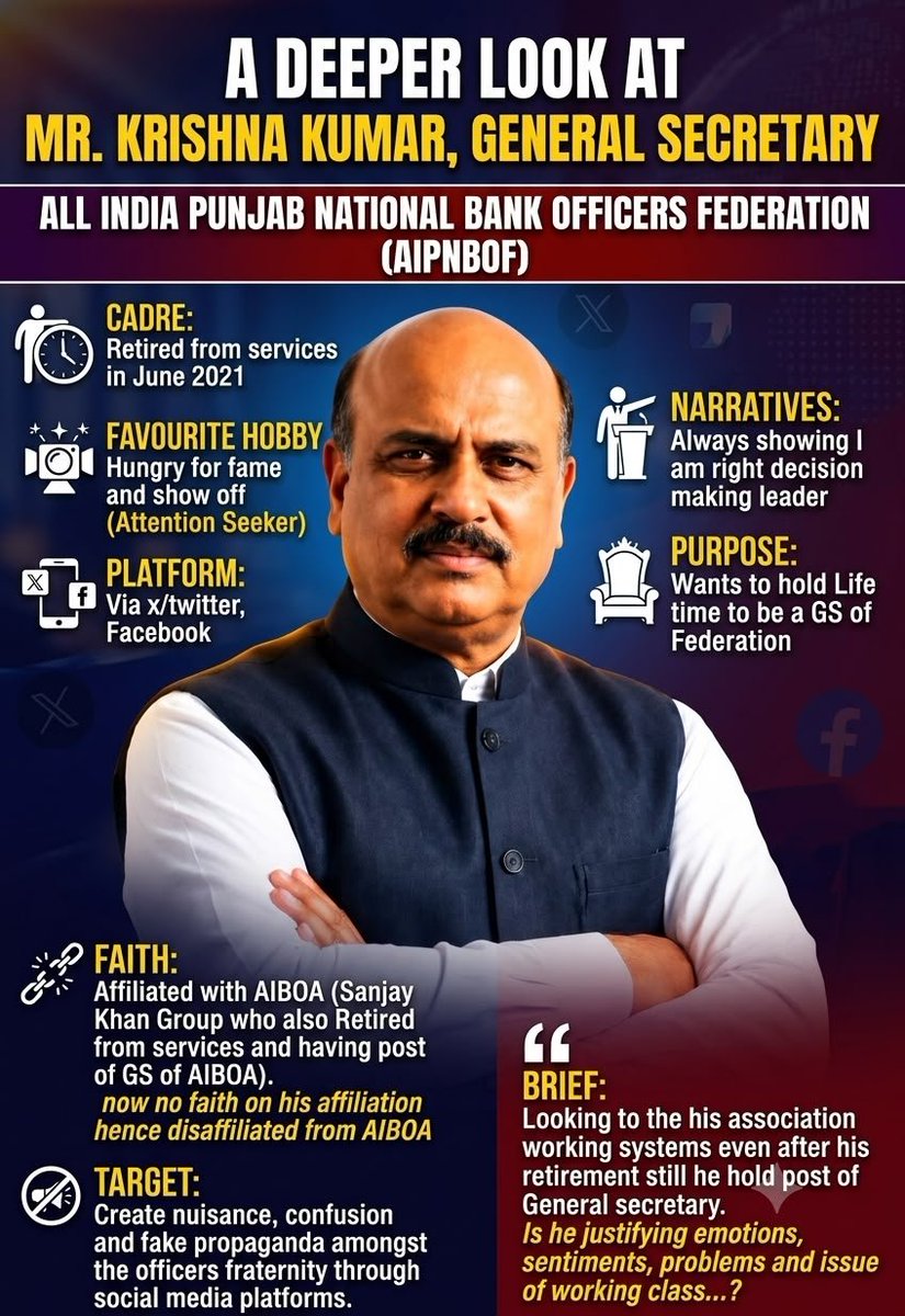 Arvind111989's tweet photo. @revolt369 @Fair_Banker @ElonUncleSays @rupamsmail @kmarkri @aiboc_in A new team ll also join the UFBU, bcz there is no option for separate discussion And who lead the new team @kmarkri who has also retired from bank.And he is one of the opportunist person and tiger of socil media only a attention seeker.
if u ll qus to him , he block u. https://t.co/7XqVskY2Qy