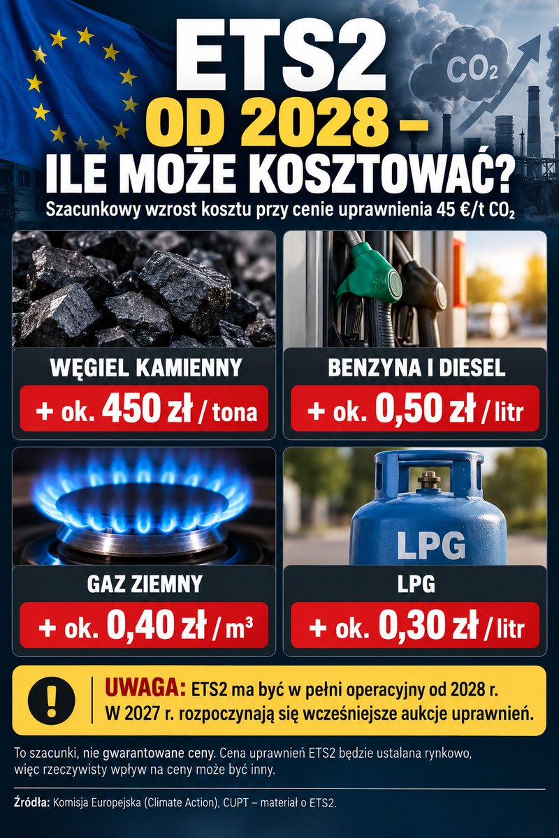 JoachimWal's tweet photo. ETS2 – Bruksela wystawia rachunek, Polacy mają zapłacić.

Droższe paliwo, węgiel i gaz oznaczają droższy transport, ogrzewanie, żywność i usługi.

Ile jeszcze mamy płacić za unijną politykę klimatyczną?

Czy Polaków stać na kolejne podwyżki wszystkiego? https://t.co/g6bWc7qMMk