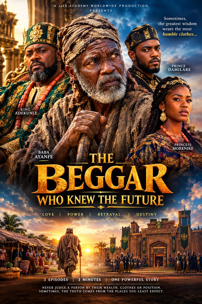 wisdomX99's tweet photo. 🎬 COMING SOON: THE BEGGAR WHO KNEW THE FUTURE

What if the poorest man in the kingdom knew the darkest secrets of the royal palace? 👀🔥

In a kingdom ruled by wealth, pride, and power, one mysterious beggar carries a truth that could change everything.

When he predicts a terrible tragedy, nobody believes him—until betrayal begins to unfold within the palace walls.

👑 Expect epic African storytelling, royal secrets, shocking betrayal, suspense, intense action, unexpected twists, and powerful life lessons that will keep you glued to your screen.

🔥 Who is Baba Ayanfe? How does he know the future? And can the king escape the danger coming for his throne?

This is more than a movie. It's a story about wisdom, pride, betrayal, and the danger of underestimating people.

📢 THE MOVIE IS COMING SOON!

Follow us, turn on your notifications, and stay ready. You don't want to miss the moment everything changes.

💬 One question for you: If a poor beggar predicted your future, would you believe him or laugh at him?

#TheBeggarWhoKnewTheFuture #AfricanCinema #Nollywood #AfricanMovies #ComingSoon