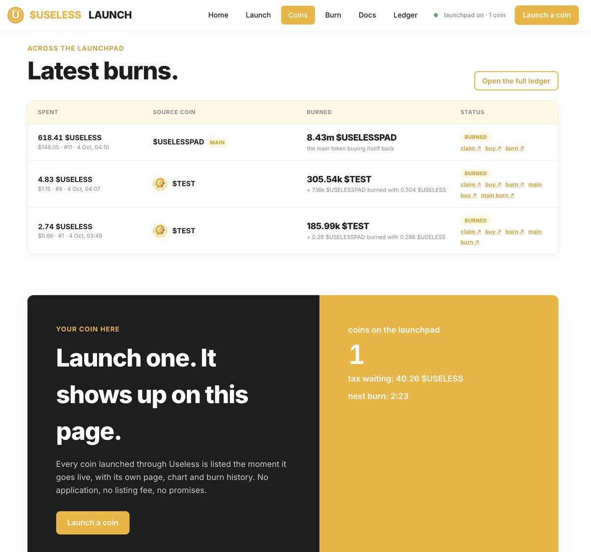 useless_launch's tweet photo. First buyback & burn completed successfully! 🔥

$USELESSPAD IS LIVE 🚀

Launch your useless coins, paired with $USELESS.

Every 3 minutes, the trading tax fuels the loop:
🔥 90% buys back and burns your coin
🔥 10% burns $USELESS
Every buyback. Every burn. Public on-chain.
Zero roadmap. Zero promises. Just coins getting burned.

Go launch something useless 👇
https://t.co/wqQFhA5ts2