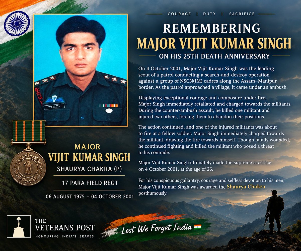 TheVeteransPost's tweet photo. 25 years ago, Major Vijit Kumar Singh, Shaurya Chakra (P), 17 Para Field Regiment, made the supreme sacrifice along the Assam–Manipur border.

On 4 Oct 2001, he led a counter-insurgency operation, fought through an ambush and saved a fellow soldier at the cost of his own life. https://t.co/QF5K9qRKcA