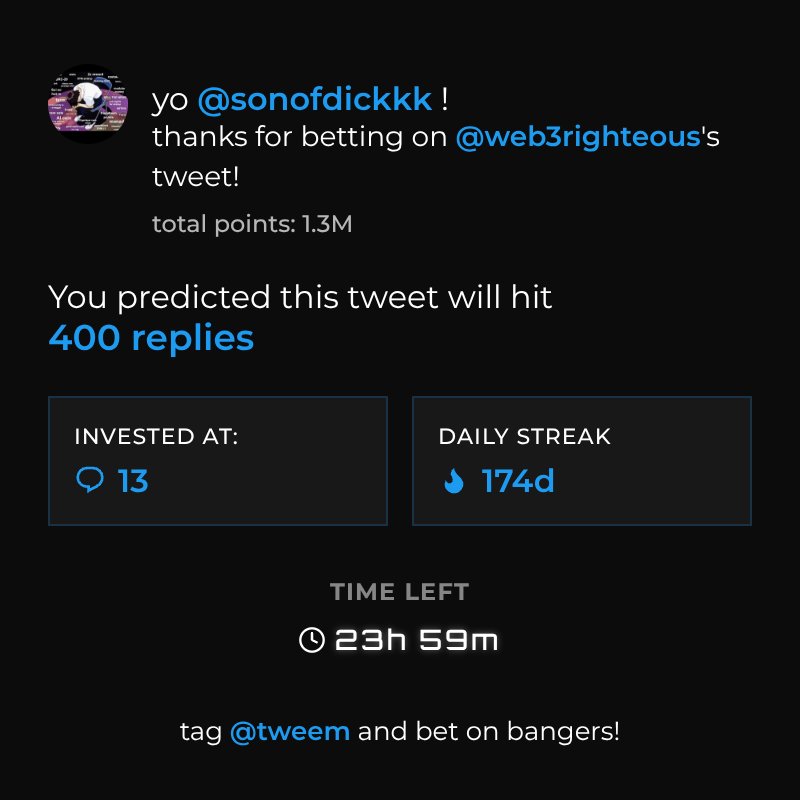 sonofdickkk's tweet photo. GM

174 days of keeping my betting streak on Tweem.

Keep betting on banger tweets.
@tweem
@edendotlol https://t.co/2QvSu3U2zB