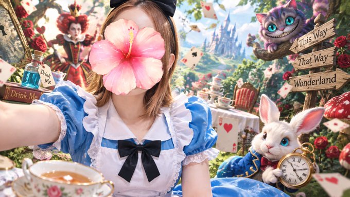 A person wearing a blue and white Alice in Wonderland-style dress with a large pink hibiscus flower covering their face, set against an elaborate Wonderland backdrop featuring the Cheshire Cat, a white rabbit holding a pocket watch, and signs reading 'This Way,' 'That Way,' and 'Wonderland.'