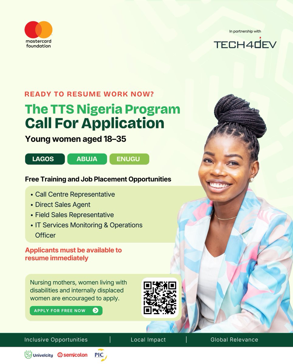 TTSNig's tweet photo. You know that feeling when you have been looking for work for a while and every opportunity seems to come with one more thing you need to have?   

Another qualification   Another year of experience   Another requirement that makes you wonder if you should even bother applying   Sometimes, the first step is simply giving yourself a chance.

If you have been waiting for an opportunity to get back into work or start a new career, look at this! 

And if you are a nursing mother, or living with a disability or internally displaced, please do not assume this opportunity is not for you. 

You are encouraged to apply.   So, are you ready and available to start work now? Check the details and put yourself forward.

Your application could be the start of something new.

Click on the link in bio to apply or apply here: https://t.co/MjmDILHYJn  

#ttsnigeriaprogram #inclusiveopportunities #localimpact #womeninwork #globalrelevance #techsistersrising