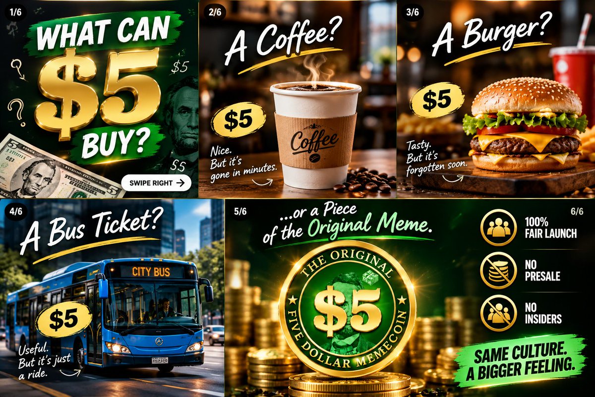 5dollardotfun's tweet photo. 𝗪𝗛𝗔𝗧 𝗖𝗔𝗡 $𝟱 𝗕𝗨𝗬? 💵

A coffee. ☕ A burger. 🍔 A bus ticket. 🚌 Fun for a moment… then forgotten.

𝗢𝗿… 𝗮 𝗽𝗶𝗲𝗰𝗲 𝗼𝗳 𝘁𝗵𝗲 𝗼𝗿𝗶𝗴𝗶𝗻𝗮𝗹 𝗺𝗲𝗺𝗲. 🟢 $Five is culture, community, and fun—not a promise about price.

#𝗙𝗜𝗩𝗘 #𝗙𝗶𝘃𝗲𝗗𝗼𝗹𝗹𝗮𝗿𝗠𝗲𝗺𝗲𝗰𝗼𝗶𝗻 #𝗦𝗼𝗹𝗮𝗻𝗮 #𝗠𝗲𝗺𝗲𝗰𝗼𝗶𝗻 #𝗖𝗿𝘆𝗽𝘁𝗼 #𝗪𝗲𝗯𝟯 #𝗣𝘂𝗺𝗽𝗙𝘂𝗻