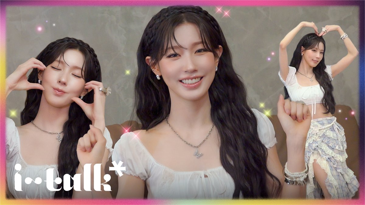 The photo shows three images of MIYEON (G)I-DLE posing cutely in white, with sparkles decorating the backdrop and the text "i-talk*" in the bottom left corner, showcasing behind-the-scenes moments from her "HER VOICE" performance.