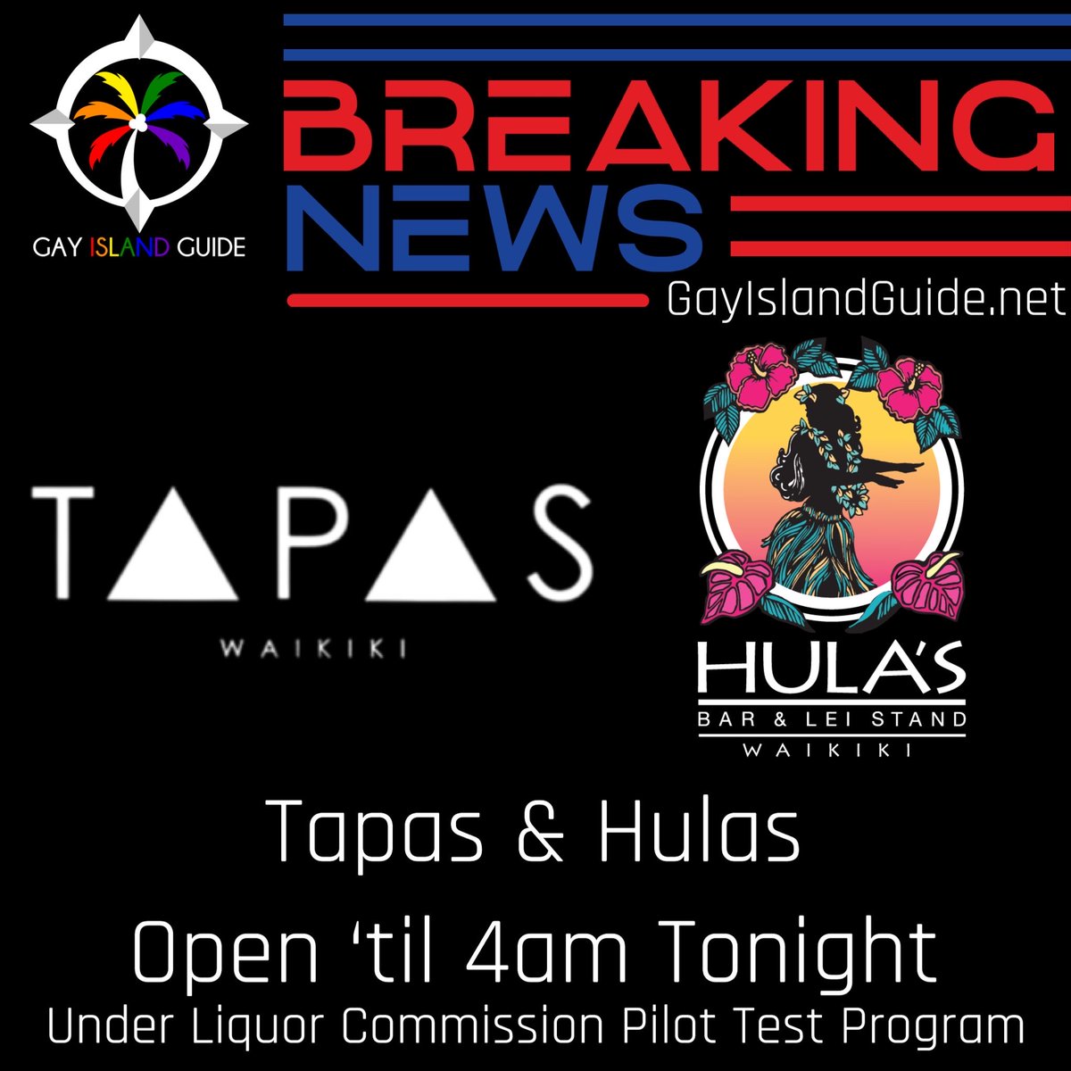 GayIslandGuide's tweet photo. Tonight, two of Waikiki’s LGBTQ+ bars will be open until 4am under a pilot program in coordination with the Honolulu Liquor Commission. The idea stems from a similar program that was created by the Liquor authority on Hawaii Island during Kona Pride in September. Tapas Waikiki and Hula’s Bar & Lei Stand will be the two test venues on Saturday night, October 3rd and if successful the Honolulu Liquor Commission will consider approving special licenses in the future for special occasions like Pride or Halloween. 

“As a commission, we are looking at ways to work with the community to be able to responsibly extend hours for special occasions, such as celebrating Pride,” said Jeff Hong, Chair of the Honolulu Liquor Commission and a member of the LGBTQ+ community. “In the end, we want licensees to be good neighbors and to mitigate complaints including about noise especially at closing times”. Hong is also leading the effort for these special licenses and got the idea while attending Kona Pride. 

Under the special license for tonight at Tapas and Hula’s, NO ENTRY or RE-ENTRY will be allowed from 2am, which means patrons must already be in the venue and once you leave you will not be allowed to re-enter the establishment. Establishments will also not be allowed to serve alcohol from 3am and all patrons need to be out of the premises by 4am. The venues will also be monitored by Honolulu Liquor Commission investigators and Chair Hong stated that he and the new Commission Administrator will be attending to monitor and witness the program. 

During the hearing on October 1st, when the Commission approved the pilot in a unanimous vote with two yes votes and three yes with reservations, Honolulu Police Department Major Garrett Okamoto of District 8 (Waikiki) testified that the department opposes the program as officers are already stretched thin with the current legacy cabaret venues in Waikiki, such as Kelly O’Neil’s and Play Bar. 

In the end, the success of the program will be based upon community and guest cooperation, including controlling their noise upon exiting the venues. 

Commissioners warned both LGBTQ licensees participating in the pilot program that should the commission receive complaints or find violations that they are likely to be unapproved for special licenses in the future. 

#gayislandguide #hawaii #waikiki #gay #lgbt