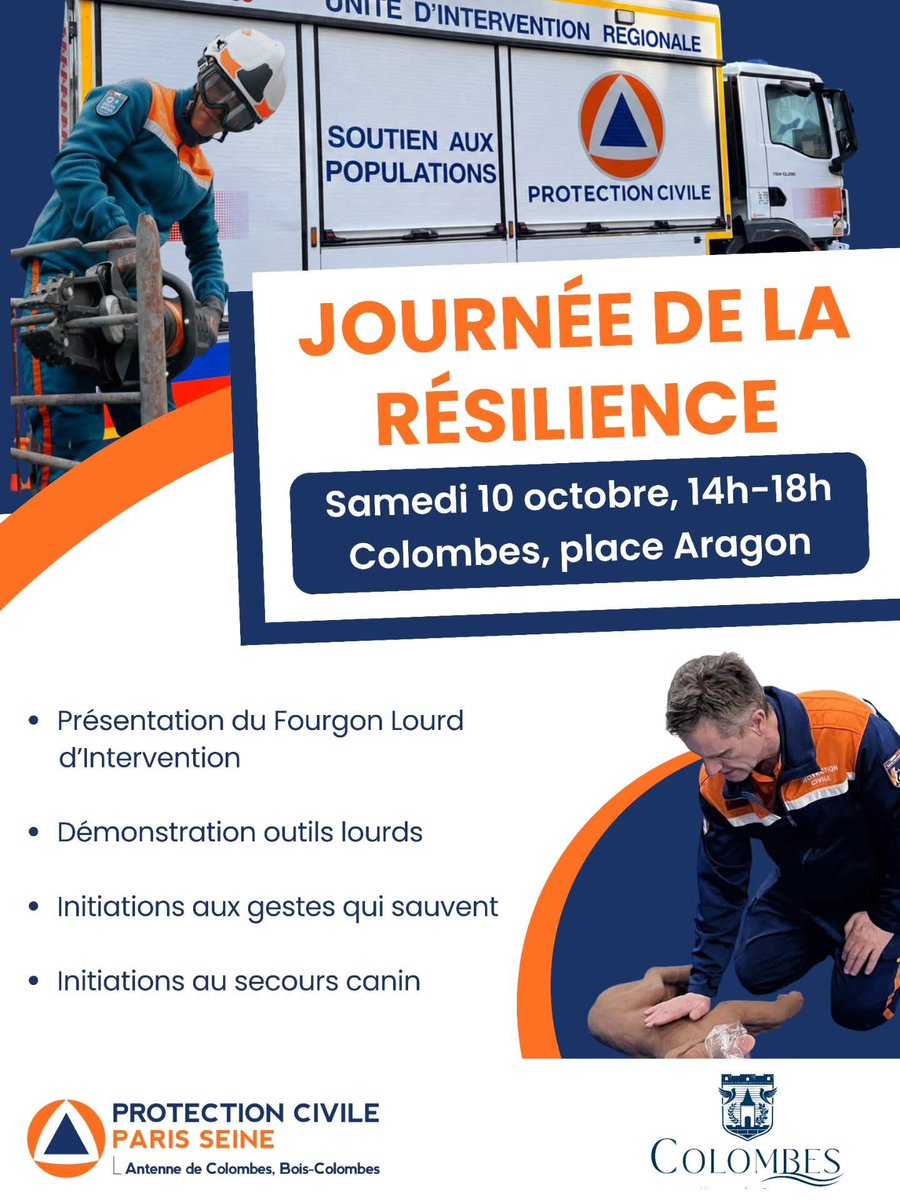pcps92col's tweet photo. Journée de la résilience à #Colombes

📅 Samedi 10 octobre

📍 Place Aragon, Colombes

🕑 De 14h à 18h 

À l’occasion de la journée de la résilience organisée par @VilleColombes venez nous rencontrer pour découvrir nos missions et nos moyens d’intervention. https://t.co/MC0J1vCNJC