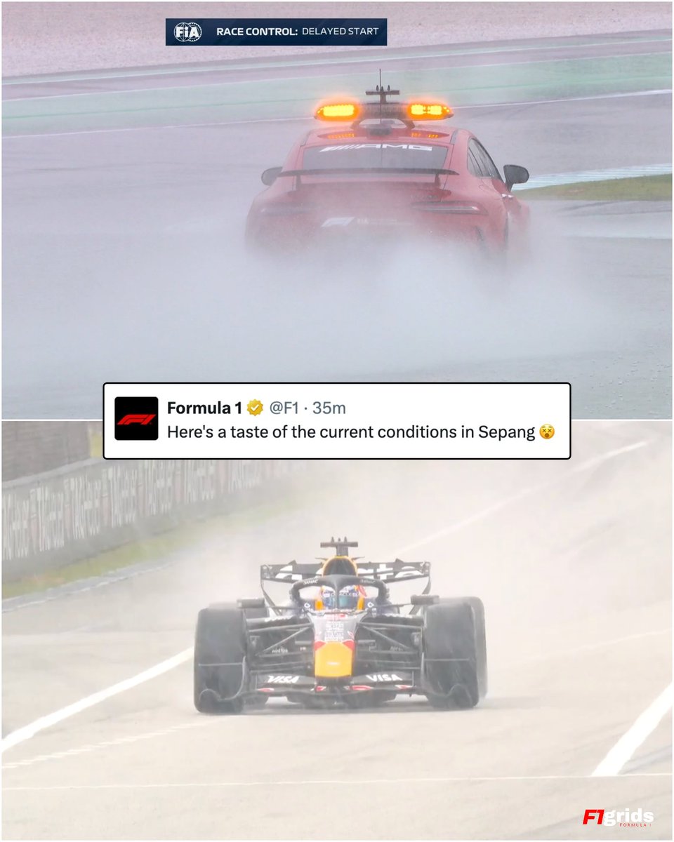 F1gridx's tweet photo. Heavy rain pouring down in Malaysia! ๐ง๏ธ
The Bahrain GP start has been delayed due to the weather at Sepang.
#F1 #BahrainGP #MalaysiaGP #F1Grids https://t.co/4wCl6THFQw