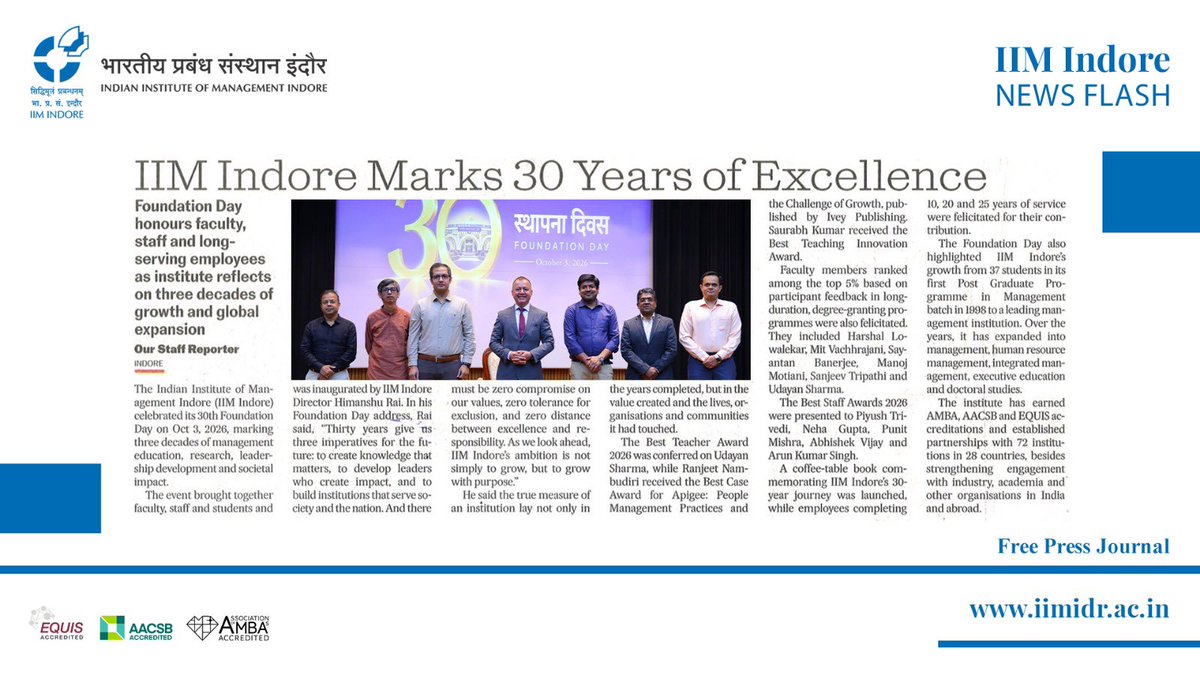 IIM_I's tweet photo. #30thFoundationDay | “Thirty years give us three imperatives for the future: to create knowledge that matters, to develop leaders who create impact, and to build institutions that serve society and the nation”: Prof. Himanshu Rai. 

#IIMIndore #FoundationDay https://t.co/ZpOUgFj6Jo