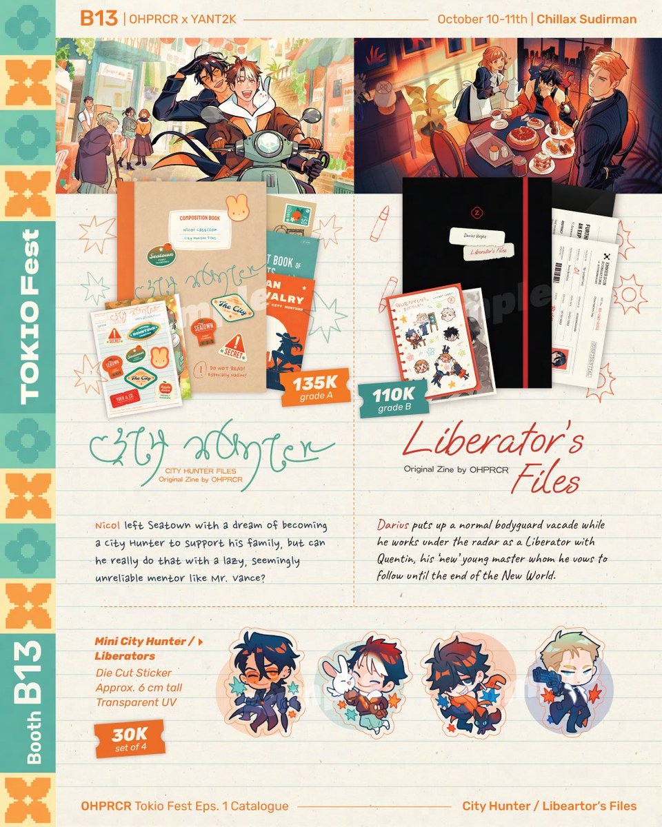 ohprcr's tweet photo. [RT💖] Here's my catalogue for #tokiofest next week! I'll be at booth B13 with my homie @/yant2k 🏃‍♂️🌇🗼SEE YOU!

📍 B13 | OHPRCR x YANT2K
🗓️ 10-11 Oct 2026
🏙️ Chillax Sudirman
📦 OTS Only
🏷️ Original zine &amp; merch, Rune Factory, Disco Elysium, RGG Judgement, FFXVI

(1/2) https://t.co/LARZm1M1hi