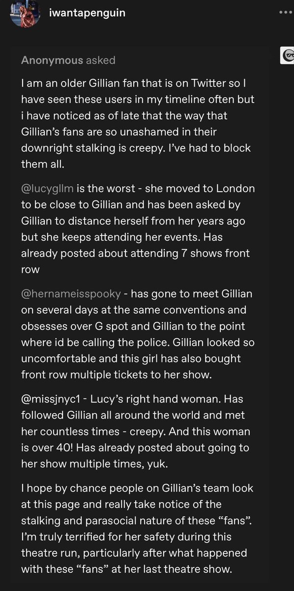 savandersons's tweet photo. these girls have been stalking gillian for years and is the second theatre run that they have been called out from gillian herself because they make her feel threatened and scared for her own safety. i witnessed it first hand last night and have never felt so disturbed in my life https://t.co/q8ubTt9TUX