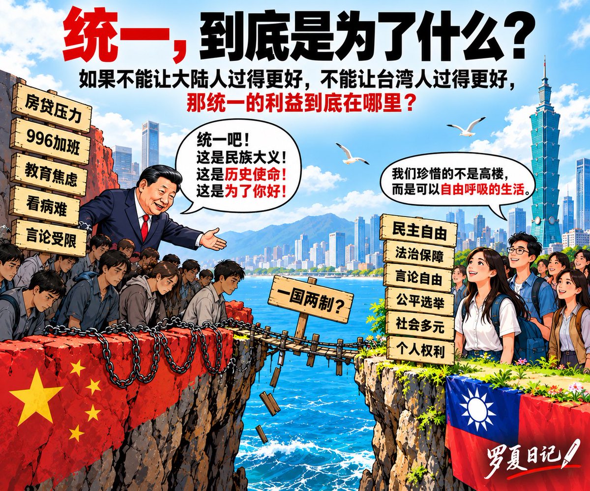 Hh06554468Hh's tweet photo. 《摆事实，讲道理：台湾，我既不支持武统，也不支持文统——我根本就不支持统一》

作为一个从中国大陆出来的人，我想从一个大陆人的角度，把我为什么不支持统一这件事说清楚。

大陆谈台湾，经常就是两种声音：一种喊武统，一种反对武统，但支持所谓文统、和平统一。

我的态度很简单：武统我不支持，文统我也不支持，因为我根本就不支持统一。

为什么？因为我觉得讨论统一之前，应该先回答一个最基本的问题：统一到底是为了什么？国家也好，领土也好，政治也好，最终都应该为人服务。

统一不是目的，让人过得更好才是目的。所以别先跟我谈地图、历史和民族大义，先回答我：统一台湾，到底能让谁过得更好？

先说大陆人。台湾统一以后，大陆人的工资能涨吗？房贷能少吗？看病能便宜吗？能获得更多自由吗？几乎��能；如果因此发生战争、制裁和经济冲击，最后承担代价的反而还是普通人。所以对大陆人来说，我看不到统一究竟改善了什么。

再看台湾人，他们今天最珍贵的也不是101，不只是台积电，而是民主、自由、法治，是一个普通人可以投票，可以批评政府，可以公开表达政治立场，可以对权力说“不”。

为什么我特别看重这些？因为高楼可以盖，高铁可以修，机器可以买，技术可以学，有钱、有市场、有全球技术交流，物质上的东西追起来并没有那么难；真正难的是民主、自由、法治和对个人权利的尊重。这些东西不是花钱就能买来的，而可能需要几代人的觉醒、争取和制度建设。

中国加入WTO以后，经济、制造��、科技、基建发展得有多快？可政治自由并没有因此自动出现。这恰恰说明：物质现代化容易，人的现代化难；钱可以买机器，买不来自由；市场可以换技术，换不来民主。

而台湾今天最宝贵的，恰恰就是这些来之不易的东西。大陆自己都没有的东西，凭什么要求台湾人拿出来冒险？

至于“一国两制”，香港就摆在那里。台湾人真正应该问的不是你今天承诺得多漂亮，而是：你今天告诉我“五十年不变”，明天你变了，我怎么办？真正可靠的契约，是强者想反悔的时候，也有制度能够约束他。否则承诺写得再漂亮，又有什么用？

所以最后只剩一个问题：既然统一不能让大陆普通人过得更好，也不能让台湾人过得更好，那为什么还非要统一？

在我看来，答案很简单：利益就在权力本身。普通人被“民族大义”“历史使命”“祖国统一”这些宏大叙事动员起来，以为自己在完成民族大业，可有没有想过：

这件事到底给你带来了什么？你是在实现自己的利益，还是在替别人的政治野心买单？

关于这一点，我上一篇已经说过：

《所谓“台湾是中国的一部分”，说穿了，就是为了独裁者的野心，践踏2300万台湾人的自由意志》

有兴趣的朋友，可以参阅上一篇。

——文｜罗夏日记