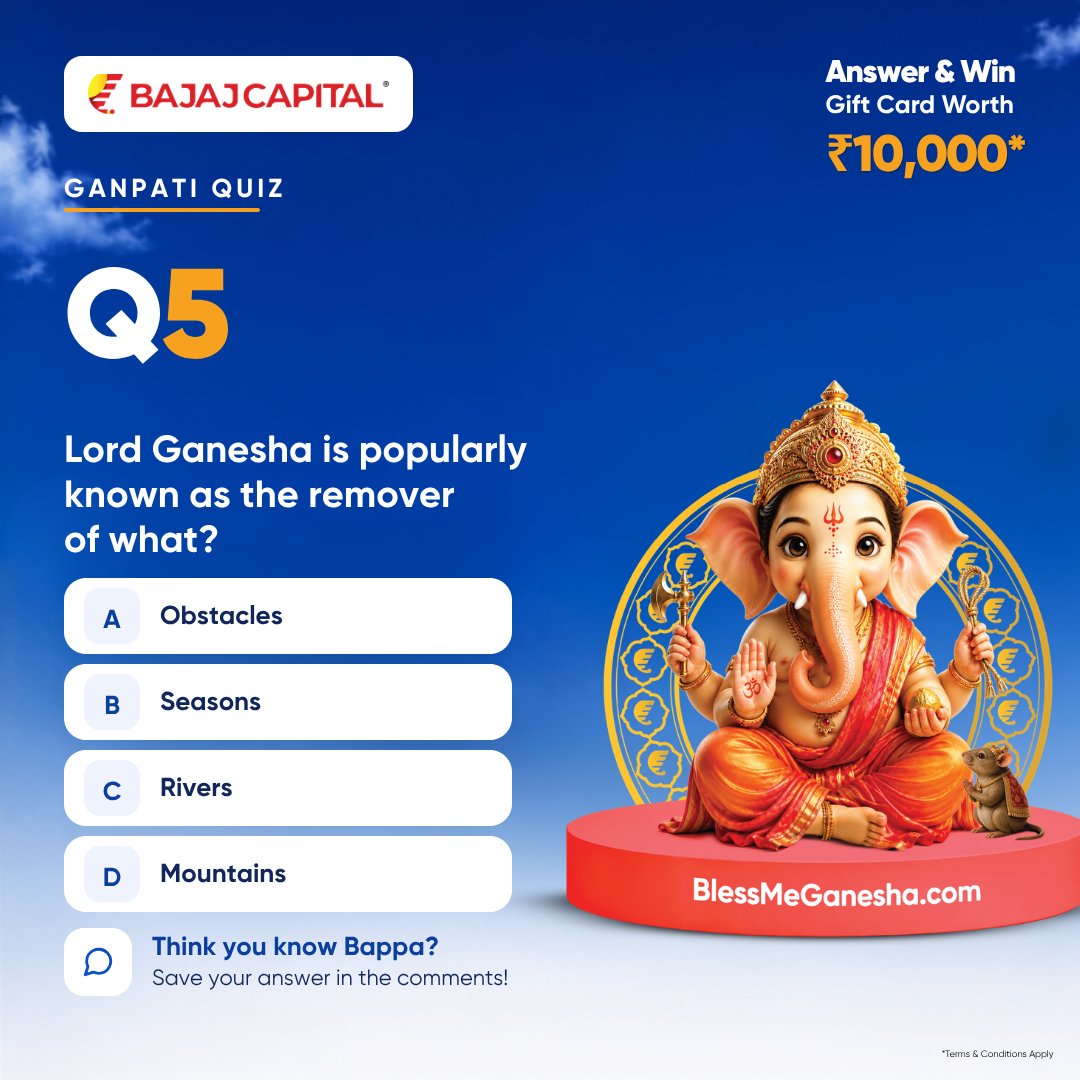 bcl_insurance's tweet photo. 🧡 Bappa knows the answers. Do you?

From stories to traditions, how well do you know Ganpati Bappa? Take the Bless Me Ganesha Quiz and stand a chance to win gift cards worth ₹10,000*.

Comment below → Check your DM → Take the quiz

⏳ Entries open till 20 October 2026

Your next right answer could bring a little extra festive cheer! 🙏✨

#BlessMeGanesha #GanpatiQuiz #ContestAlert #BajajCapitalIns