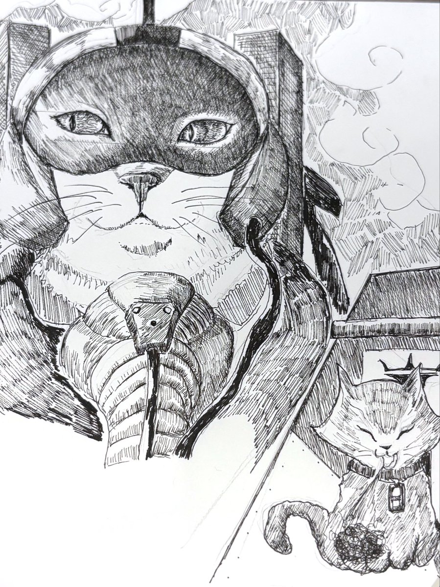 mattun_dredd's tweet photo. エスコン8度ハマり中！
タイトル　「ニャーヴの毛玉」

『俺にとって機体は毛玉の延長だ���』

ちなみに愛機はラファール（疾風）

#ペン画
#エースコンバット8 https://t.co/Srw8jfOqbW