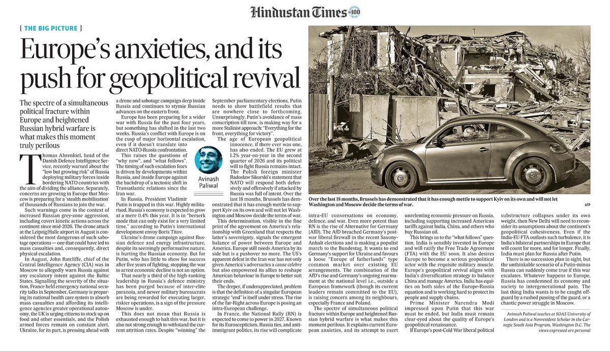 PaliwalAvi's tweet photo. ‘the spectre of a simultaneous political fracture within Europe and heightened Russian hybrid warfare is what makes [the current] moment truly perilous’

my latest @htTweets column on the rising risk of horizontal escalation in the Russia-Ukraine/Europe war &amp; India’s options. https://t.co/XqlY0YljVU
