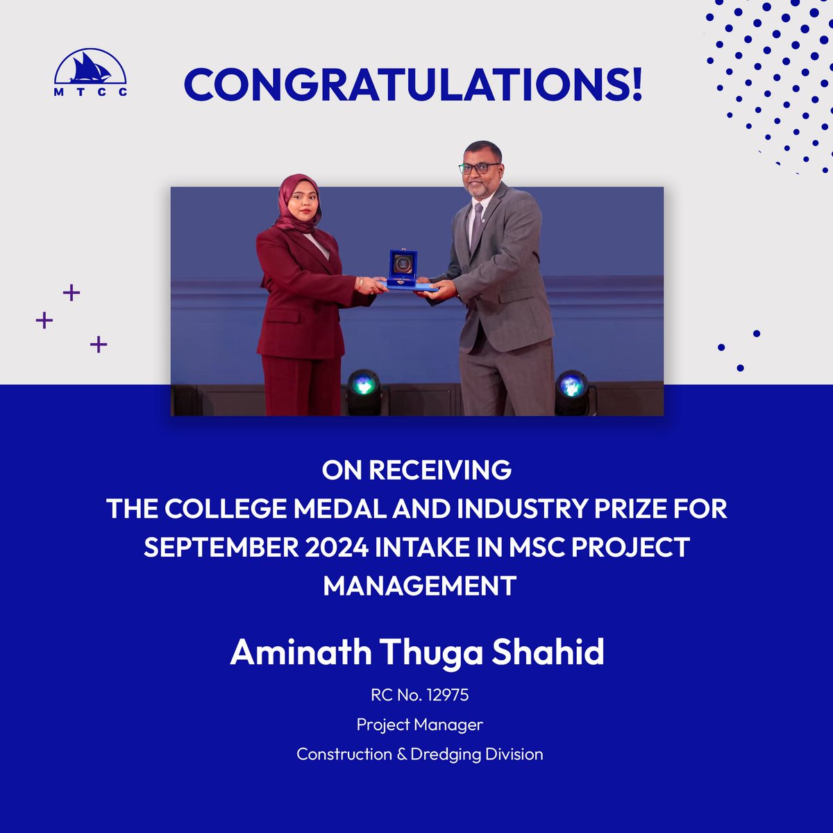 MTCCPlc's tweet photo. We extend our sincere congratulations to our team member, Ms. Aminath Thuga Shahid, on receiving the College Medal and Industry Prize for the September 2024 intake of the Master’s in Project Management programme at Villa College!

At #TeamMTCC, we are delighted to celebrate this well-deserved recognition of her hard work, dedication and commitment to excellence. We wish her continued success and growth in the years ahead.

#TeamMTCC #TopAchiever #ProjectManagement