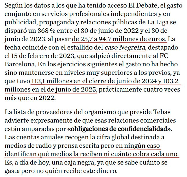 Paul_Tenorio's tweet photo. Cuenta @entrammbasaguas en @eldebate_com q Tebas CUADRIPLICÓ de forma OPACA gasto en propaganda tras el fraude Barça / Negreira. 
Quien debe fiscalizar a un tipo tan siniestro vive de su paga. Y encima le dan lecciones de periodismo a la tele CORPORATIVA del Madrid. 
Es perverso https://t.co/Yijc9Kp0Xi