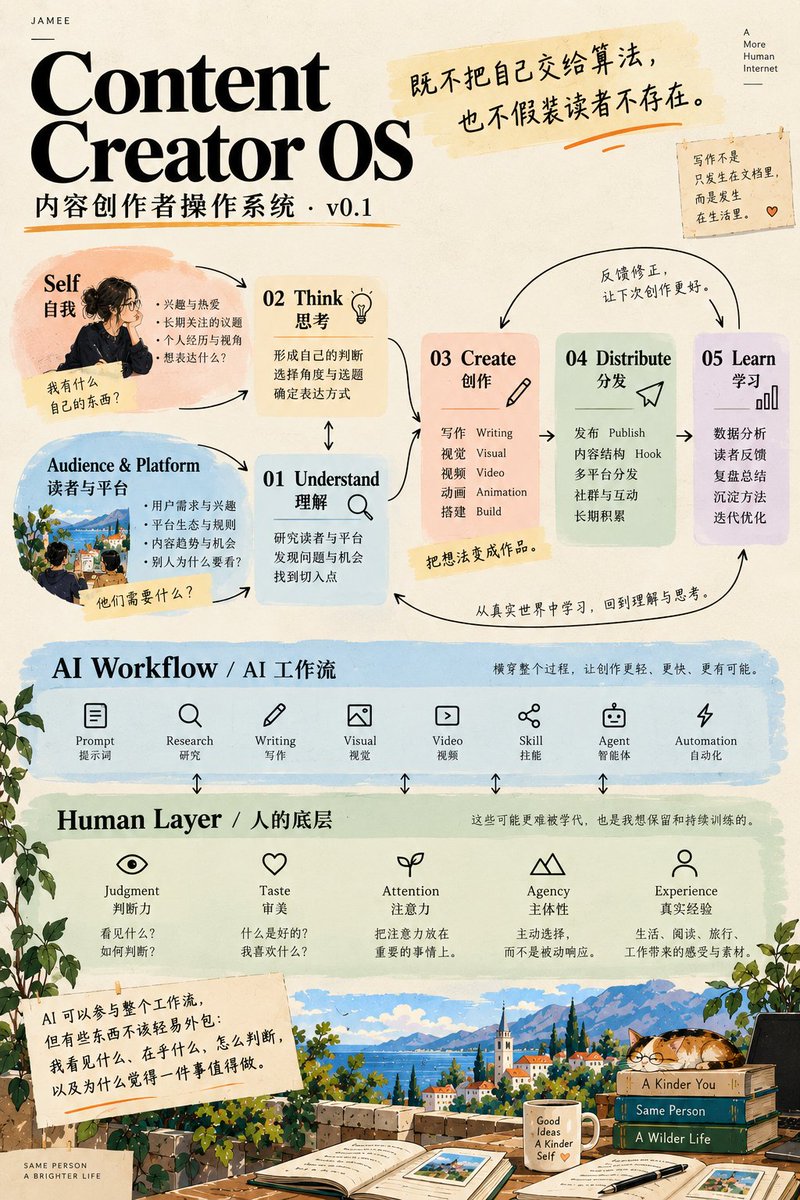 Jamee_now's tweet photo. AI 时代，内容创作者需要的不只是写作能力，而是一套自己的 Content Creator OS / 内容创作者操作系统。

想认真做内容，又不想最后变成一个追着算法跑的内容机器。有自己真正喜欢、相信、想长期做的东西，也希望作品被更多人看见。

既不把自己交给算法，也不假装读者不存在。

这个想法其实是从我自己的账号里长出来的。前段时间写内容创作、AI 实践，一条基本能跑到几千浏览；最近两周开始随心所欲跑题😂，写阅读、艺术、生活和各种突然冒出来的想法，数据也很诚实，从几千掉到了几百。

我倒不觉得这些东西不该写。反而是这次数据变化让我意识到：我的兴趣可以很宽，但平台上的人，是带着具体需求来的。

个人世界可以很大，但在一个具体的平台上，别人认识你总需要一个入口。

所以我开始试着把这件事画成一个循环：

Understand 理解 → Think 思考 → Create 创作 → Distribute 分发 → Learn 学习 。

理解平台和读者，也理解自己；形成判断，把东西做出来，让它进入真实世界，再从反馈里继续学习。

AI Workflow / AI 工作流可以横穿整个过程，但底下还有一层我不想丢掉的东西：

Judgment 判断力
Taste 审美
Attention 注意力
Agency 主体性
Experience 真实经验

AI 可以帮我们研究、写作、做图、分发，以后可能还会承担越来越多执行工作。但我暂时不想外包的是：我看见什么、我在乎什么、我怎么判断，以及我为什么觉得一件事值得做。

准备把过去的写作方法、AI 创作实验、Workflow 和复盘慢慢整理进去，公开跑一个 Creator OS v0.1。

想试试看，一个创作者能不能一边学会使用平台和 AI，一边没有把自己也一起优化掉。🐒