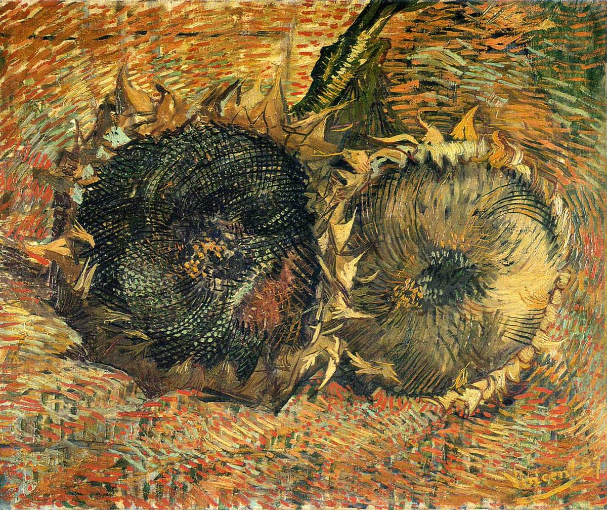 vangoghartist's tweet photo. Still Life with Two Sunflowers - 1887 #artbots #vangogh https://t.co/NJYbUx3Dvf