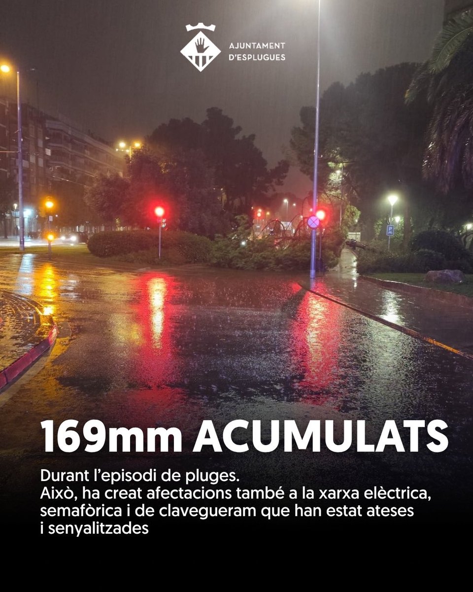 ajesplugues's tweet photo. 9 h- Actualització 🌧️ Després d’una nit intensa, fem balanç del temporal.
Els serveis d’emergència han treballat durant tota la nit per atendre les incidències provocades per la pluja.

🌳 S’han retirat 4 arbres caiguts en diferents punts de la ciutat.
🚗 S’han pogut restablir els accessos afectats des de la Ronda i la Diagonal.
🚦 S’han atès afectacions a la xarxa semafòrica i elèctrica i altres incidències provocades per l’aigua.

Aquest matí continuen les tasques de revisió, especialment a parcs i jardins, per detectar possibles afectacions que no s’hagin pogut veure durant la nit.

💙 Gràcies als equips municipals i d’emergències per la feina durant tota la nit i a les veïnes i veïns per la prudència i la col·laboració.

Continuem fent seguiment de la situació i informarem de qualsevol novetat pels canals oficials: @ajesplugues - @gencat - @emergencies

#INUNCAT