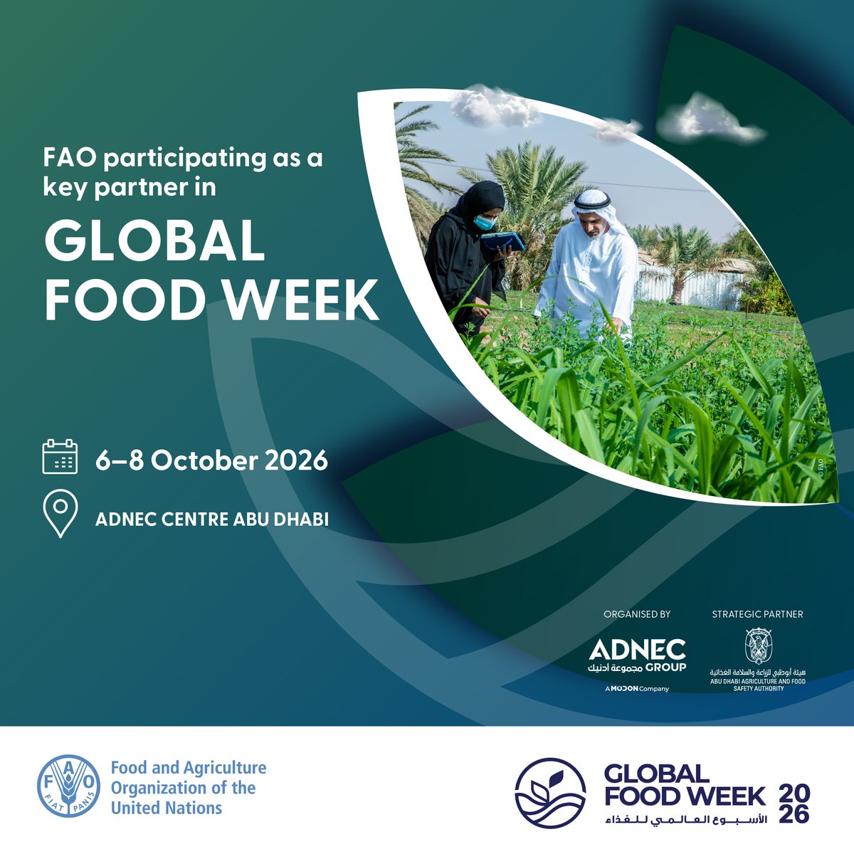 FAOinNENA_EN's tweet photo. 🌍FAO is proud to join #GlobalFoodWeek 2026, bringing expertise and convening power to dialogues on the future of agrifood systems.
From the #GFSS and FAO Policy Majlis to global #YALAFAST, FAO is working with partners to turn knowledge, innovation &amp; collaboration into action. https://t.co/15GykK8gbf