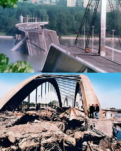 nikstankovic_'s tweet photo. Targeting bridges in urban areas is a pretty NATO thing to do. Though it took Russia five years to start doing it, NATO started targeting urban bridges after a week.

Pictured: Bridges in Novi Sad Serbia April 1999. https://t.co/ohfmCZ2lEn