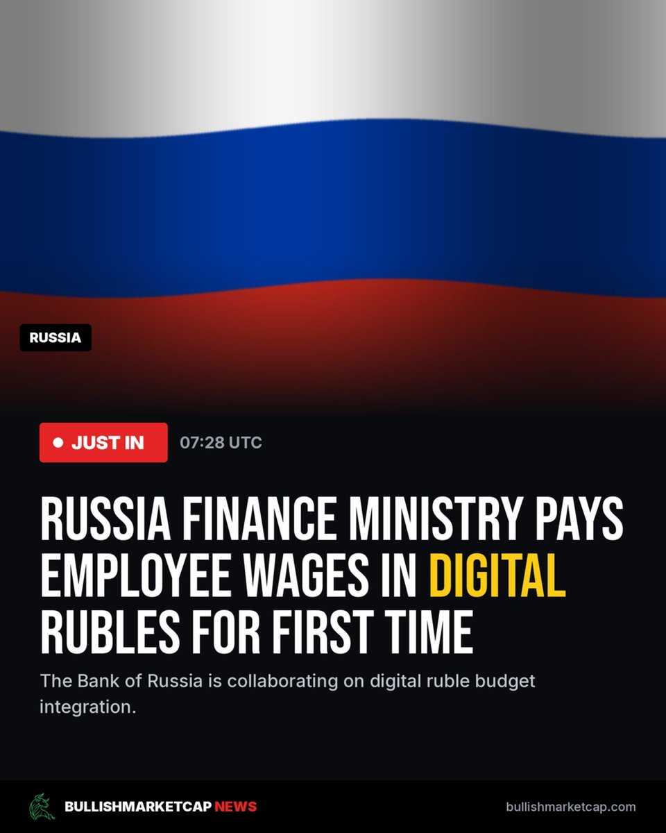 BullishMarktCap's tweet photo. 🚨 JUST IN: 🇷🇺 Russia Finance Ministry pays employee wages in digital rubles for first time.
The Bank of Russia is collaborating on digital ruble budget integration.
🔗 Read on BullishMarketCap
#DigitalRuble #CBDC #Russia https://t.co/k76Xp8LA3M