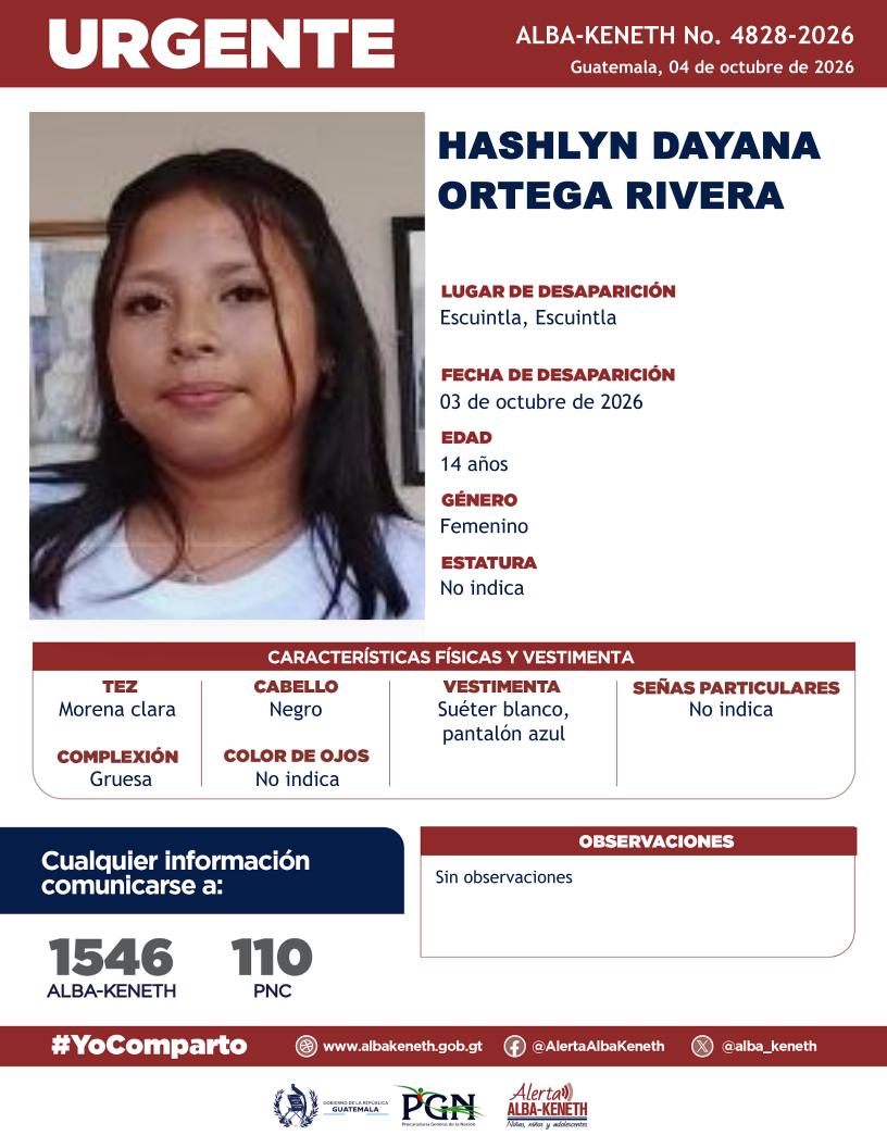 alba_keneth's tweet photo. #AlertaAlbaKeneth⚠️| Hashlyn Dayana Ortega Rivera de 14 años de edad. Desapareció el 03 de octubre de 2026, en Escuintla, Escuintla.

🔁Comparte y ayúdanos con su localización.
📞Si tienes información llama al 1546. #YoComparto https://t.co/A5qIhr9HOg