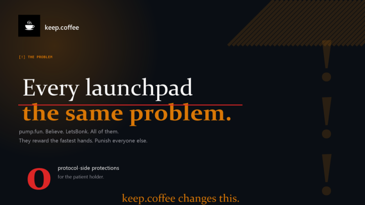 keepdotcoffee's tweet photo. 1/5 Every launchpad has the same problem. https://t.co/G9iKpGRdtk. Believe. LetsBonk. All of them. They reward the fastest hands and punish everyone else. Here's the structural fix ↓ https://t.co/usxEidxWb3