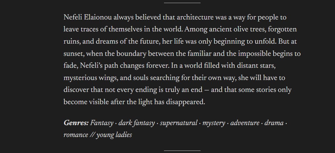 dreamminagiWS's tweet photo. Monochrome Ashes light novel

MC: Nefeli Elaionou

Genres: Fantasy · dark fantasy · supernatural · mystery · adventure · drama · romance // young ladies

%find at:
https://t.co/92DVbkAeNA

~ dream*minagi of whitesevdah https://t.co/E7k6wO6KTG